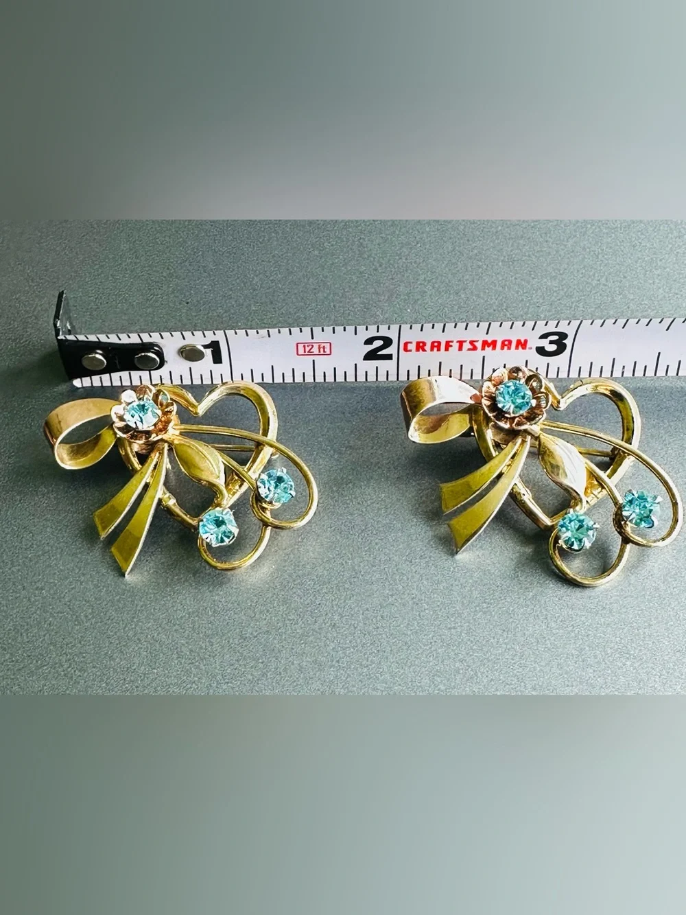 Rare VTG Brooches 12K Gold Filled HARRY ISKIN Aqua Rhinestone Bow Pin SET of 2